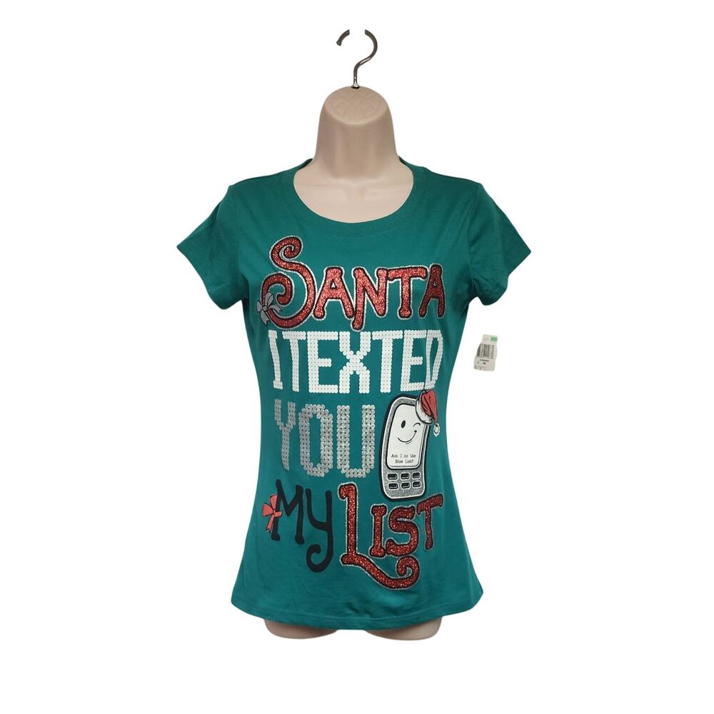 Christmas Tee Santa I Texted You MY List Shirt Jrs Womens Green Size Medium NWOT